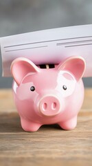 A cute pink piggy bank with a slot for deposits sits on a wooden surface, promoting savings and financial planning.