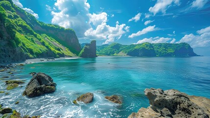 A captivating seaside ocean natural scenery. The ocean stretches as far as the eye can see, its waves rolling in with a soothing rhythm. The sky above is a beautiful blend of blues and whites. The san