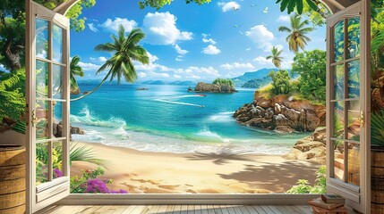 A captivating seaside ocean natural scenery. The ocean stretches as far as the eye can see, its waves rolling in with a soothing rhythm. The sky above is a beautiful blend of blues and whites. The san