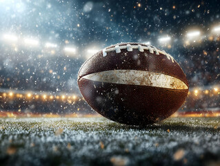 A close-up of a football on the field during a snowy game atmosphere with stadium lights in the background.