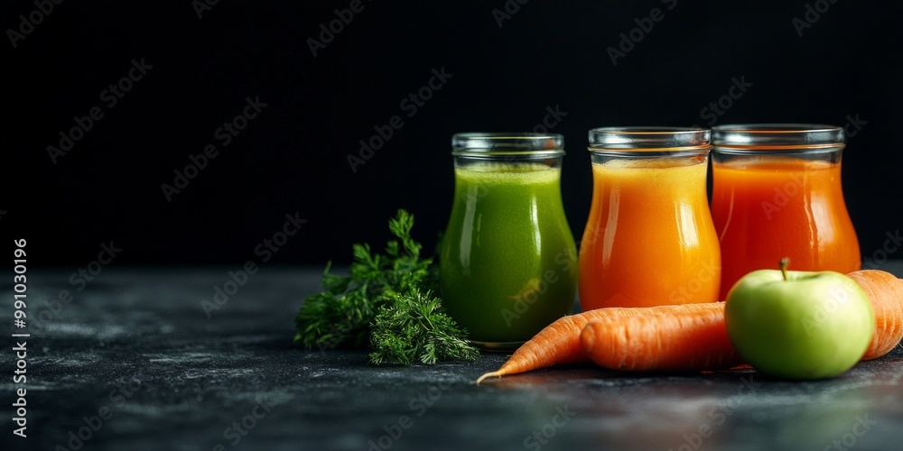 Poster Fresh and vibrant juice jars filled with green, orange, and yellow blends. Perfect for healthy living and wellness. A stylish setup on a dark background. AI