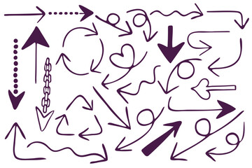 Illustration set of various types of hand drawn arrows