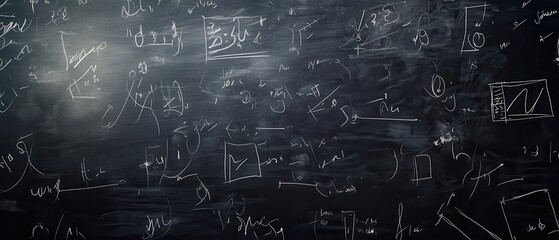 A blackboard filled with mathematical equations, diagrams, and sketches, showcasing a variety of concepts in an academic or educational setting.
