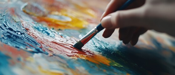 Fototapeta premium A close-up of a hand using a paintbrush on a colorful, textured canvas, showcasing vibrant colors and brush strokes in a creative artistic process.