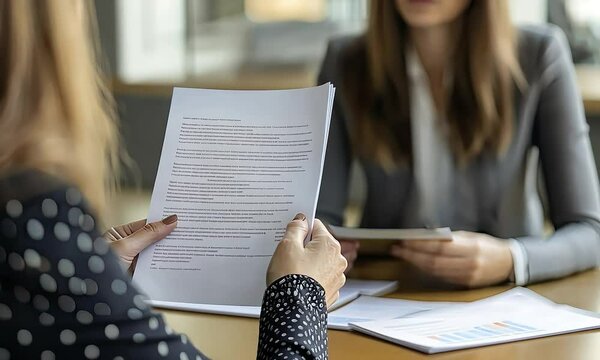 Close-up view of hands holding a document during a business meeting, with blurred figures of professionals in the background