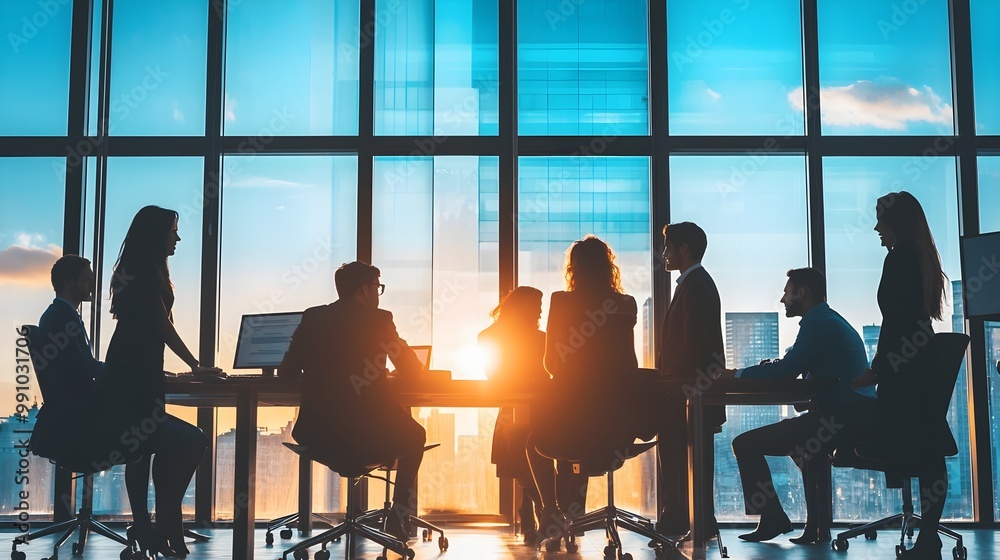 Wall mural dynamic silhouettes of business professionals collaborating in a modern office workspace