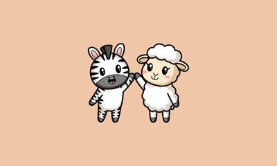 Naklejka premium Zebra and sheep high fiving with happy expressions.