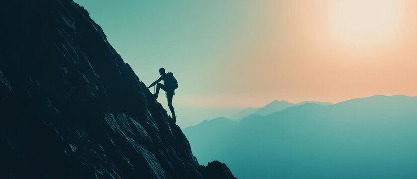 A silhouette of a climber ascending a rocky mountain, showcasing determination against a backdrop of a vibrant sunset.