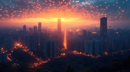 Fototapeta premium Modern skyscrapers illustrating AI's role in evolving real estate through networked city models.