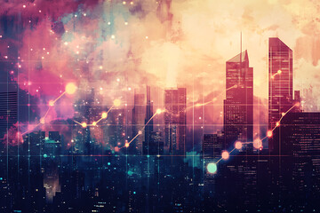Fototapeta premium Charming background with a graph showing economic growth trends, overlaid on a city skyline