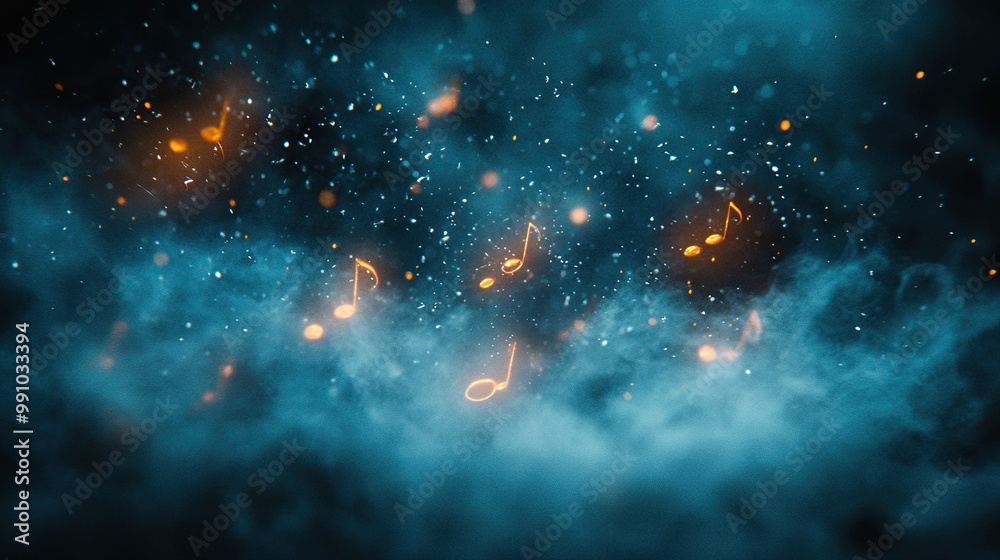 Wall mural musical notes seemingly float into oblivion on a mysterious dark background.