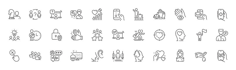 Clapping hands, Biometric security and Heart beat line icons. Pack of Teamwork, Ð¡ompetition, Court jury icon. Heart target, Fingerprint lock, Repairman pictogram. Flight mode. Line icons. Vector