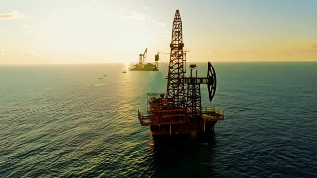 The camera zooms out from an offshore oil rig, bathed in the golden light of dawn.

.