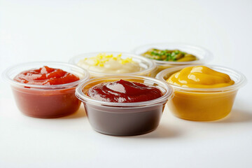 Bowls of five dipping sauces on a white background