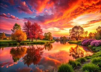 Vibrant pink and orange hues wrap around a serene landscape, creating a warm and optimistic atmosphere, symbolizing a blissful and hopeful outlook on life.