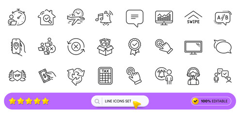 Text message, Remove team and Bribe line icons for web app. Pack of Monitor, Location app, Timer pictogram icons. Tax calculator, Recycle, Pay money signs. Statistics, Reject refresh, Cursor. Vector