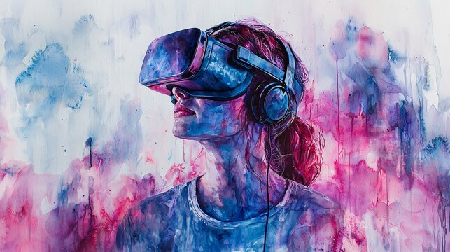 1. A woman wearing virtual reality glasses against a colorful background. 2. Woman in VR glasses with vibrant backdrop. 3. VR glasses-wearing woman with colorful setting