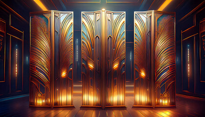 Abstract art deco style metal zoning screens with backlighting