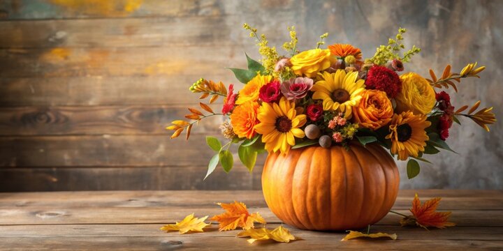 Seasonal fall decoration featuring a pumpkin vase filled with autumn flowers and foliage , autumn, fall - Powered by Adobe