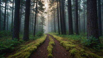foggy morning in a dense pine forest. The tall trees in mist, with soft light filtering through,forest floor covered with a thick layer of pine needles, with a narrow path