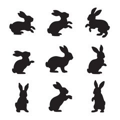 A set of nine black silhouettes of rabbits in different positions