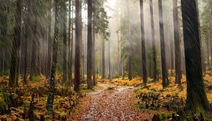 Fototapeta premium Rain in autumn forrest 