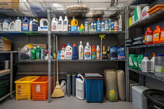 A well-organized janitorial closet featuring various cleaning supplies and equipment for efficient maintenance tasks