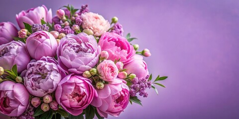 Close-up of peonies and bush roses bouquet on lilac background, peonies, bush roses, bouquet, flowers, lilac