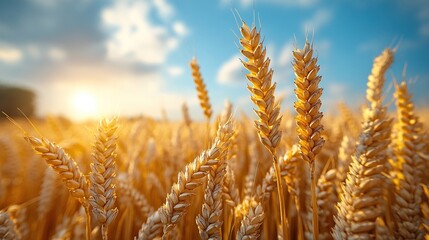 Ripe wheat fields ready for harvest against a summertime blue sky.