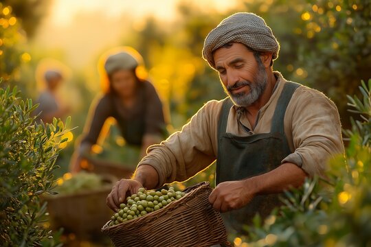 Farmers harvesting olives during a golden sunset in a serene countryside landscape surrounded by lush olive groves