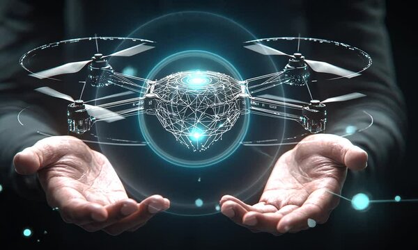 Businessman holding flying drone in his hand. 3D rendering