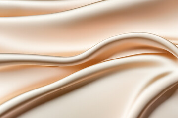 Abstract close up image of smooth,  flowing, elegant beige silky fabric with soft folds and wrinkles.