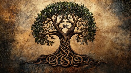 An artistic depiction of a tree with intricate roots and branches, symbolizing life and growth.