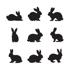 A set of nine black silhouettes of rabbits in different positions