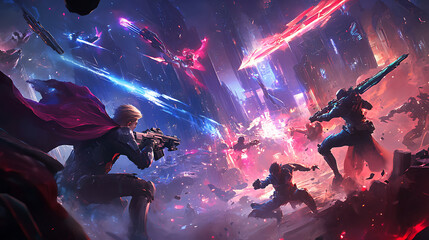 background with a competitive gaming event, featuring men engaged in intense video game battles with high-tech setups