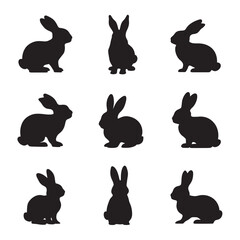A set of nine black silhouettes of rabbits in different positions