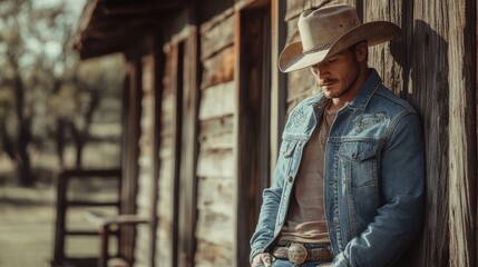 Naklejka premium A cowboy in a denim jacket and cowboy hat leans against an old wooden building.