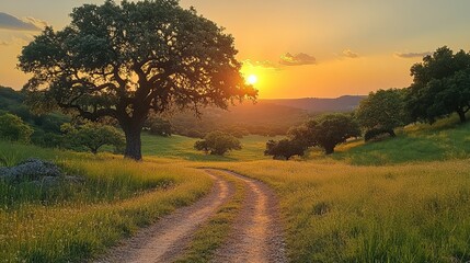 Scenic sunset view over a field with trees and a dirt path.