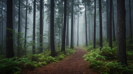 Fototapeta premium foggy morning in a dense pine forest. The tall trees in mist, with soft light filtering through,forest floor covered with a thick layer of pine needles, with a narrow path