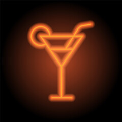 Cocktail glass simple icon vector. Flat design. Orange neon on black background