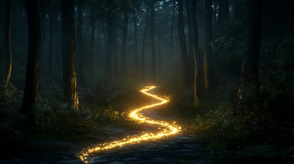 Fototapeta premium A glowing path of light weaving through a dark forest, illuminating the way forward and symbolizing guidance