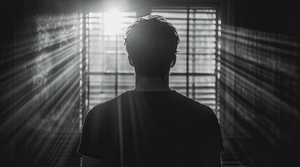 Silhouette of a man in a black t-shirt from behind, head turned sideways.