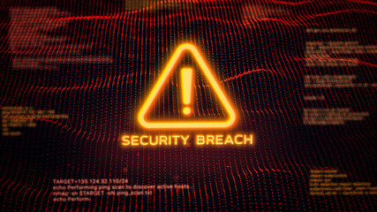 Business server show security breach alert warning sign, Hacker access private confidential database, Cyber attack data protection system exploit concept, hacking computer tech screen 3d rendering