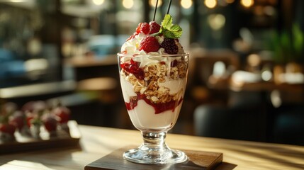Ice cream parfait served in a glass cup, elegantly placed on a wooden table with a background of soft lighting.