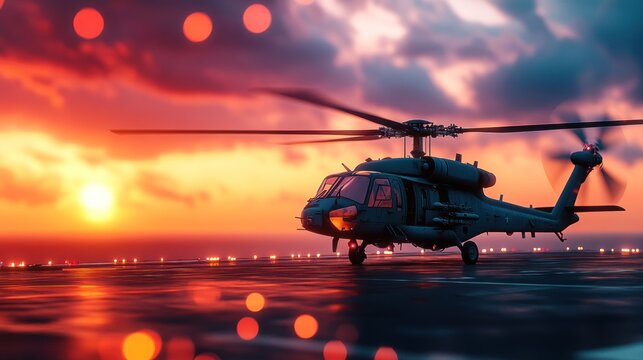 Black Hawk helicopter on a runway at sunset with a blurry background of light.