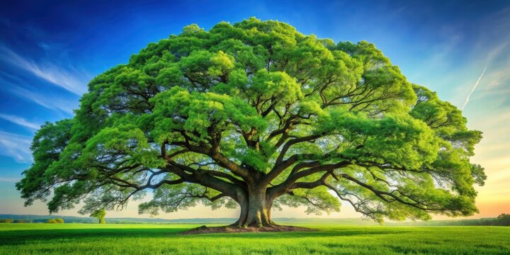 Majestic oak tree with lush green leaves and strong branches standing tall, nature, tree, oak, majestic, strong, branches, leaves