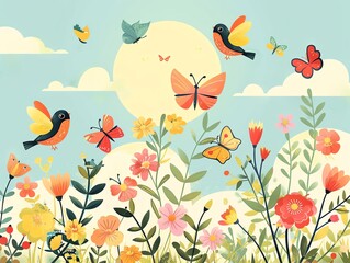 Sunny day, with birds and butterflies, flat design illustration