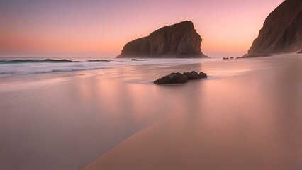 Beach at sunrise, with soft golden light casting a warm glow over the smooth