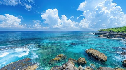 A captivating seaside ocean natural scenery. The ocean stretches as far as the eye can see, its waves rolling in with a soothing rhythm. The sky above is a beautiful blend of blues and whites. The san