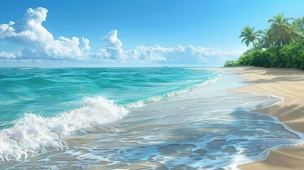 A captivating seaside ocean natural scenery. The ocean stretches as far as the eye can see, its waves rolling in with a soothing rhythm. The sky above is a beautiful blend of blues and whites. The san